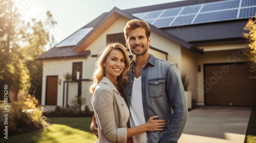 A happy couple stands grinning in the driveway of a spacious home equipped with solar panels, against a modern background. Real estate new home concept.Generative AI