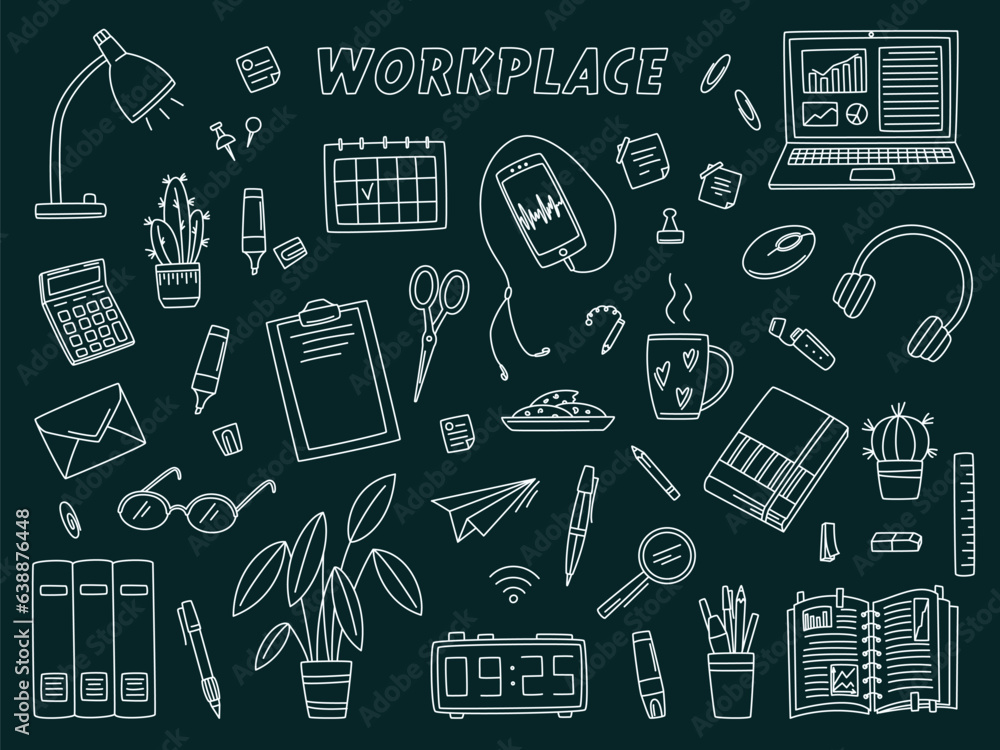 Workspace doodle set with lamp, smartphone, laptop, cactus, marker, books, pen, calculator, sticker, calendar in doodle style. Vector line sketch on dark background Workspace doodle set with lamp, smartphone, laptop, cactus, marker, books, pen, calculator, sticker, calendar in doodle style. Vector line sketch on dark background