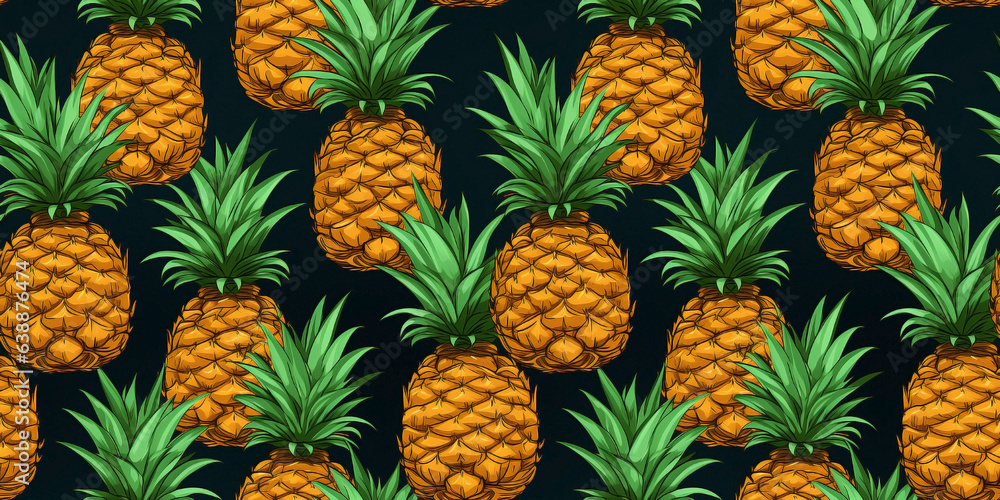 Seamless pattern with illustrated pineapple, graphic leaves on hunter backdrop. Concept: Tropical elements on lush canvas. Seamless pattern with illustrated pineapple, graphic leaves on hunter backdrop. Concept: Tropical elements on lush canvas.
