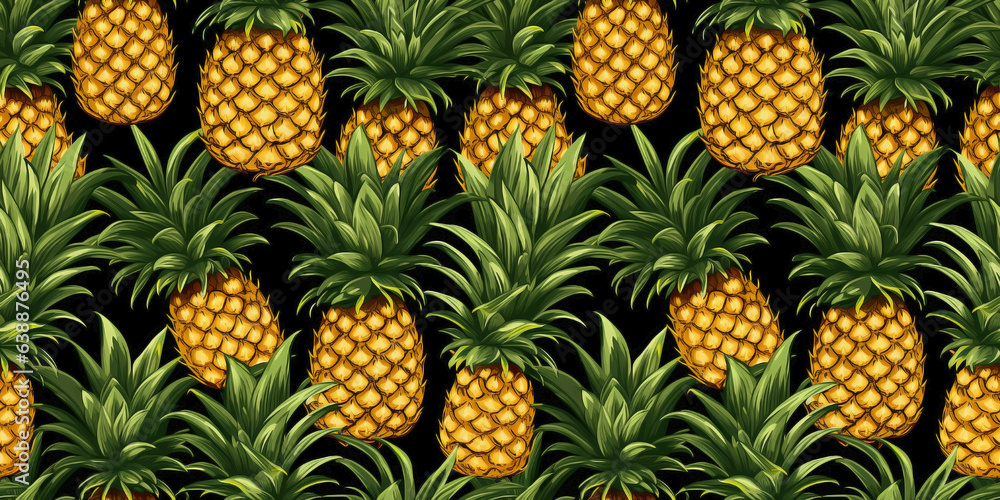 Pineapple leaves seamless pattern with fruit drawings on forested backdrop. Concept: Organic motifs on verdant canvas. Pineapple leaves seamless pattern with fruit drawings on forested backdrop. Concept: Organic motifs on verdant canvas.
