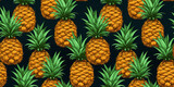 Seamless pattern with illustrated pineapple, graphic leaves on hunter backdrop. Concept: Tropical elements on lush canvas.