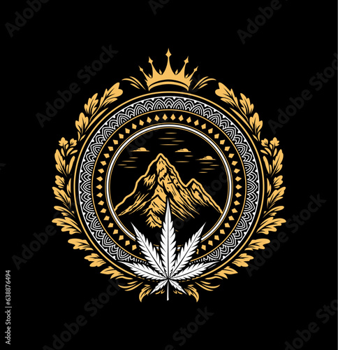 Cannabis marijuana luxury modern brand emblem. Vector label print on black background. Vintage badge inspired 