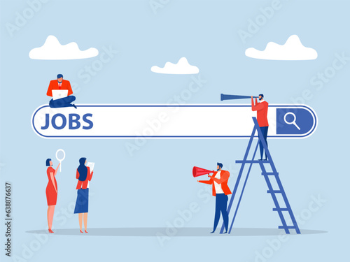 Job search ,Businessman climb up ladder of job search bar with Hold binoculars to see job opportunities, employment. seek for vacancy or work position concept