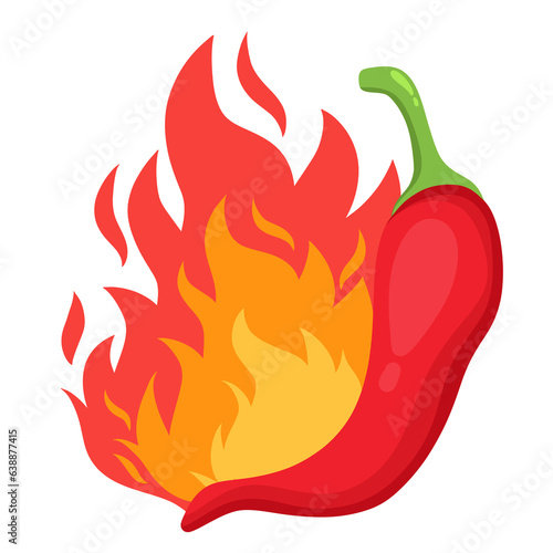 Cartoon red hot chili pepper with fire flame burn transparent background