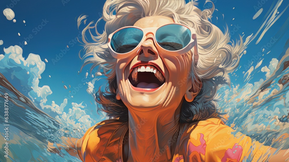 Elderly woman with open wide smile splashing in the sea AI