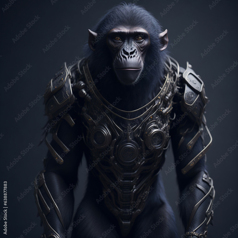 Baboon cyborg in armor. Digital illustration.