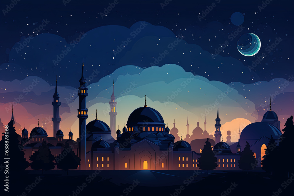 Illustration of the atmosphere of Ramadan nights with a mosque under a starry sky and moon