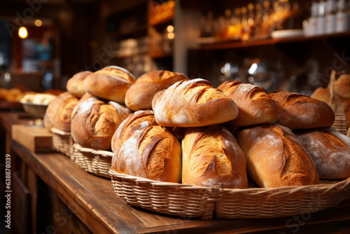 Various kinds of delicious breads are lined up on the bakery counter and shelves. A diet concept suitable for meals and cooking.