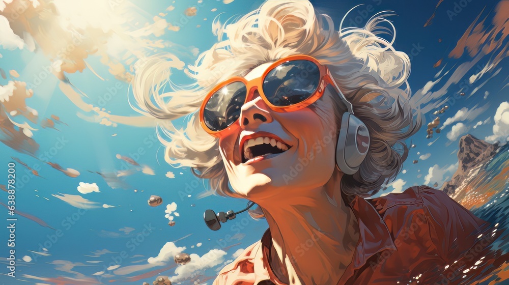 Happy mature woman n headphones and sunglasses swimming in the sea AI