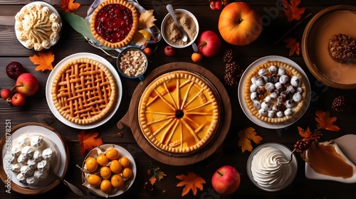 Autumn food concept. Selection of pies, appetizers and desserts. Top view table scene over a rustic wood background. AI Generative