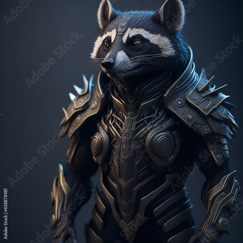 Anthropomorphic raccoon cyborg in armor. Digital illustration. © eestingnef