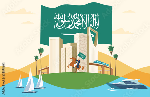 Kingdom of Saudi Arabia National Day Background. We Dream and Achieve. 93th KSA National Day