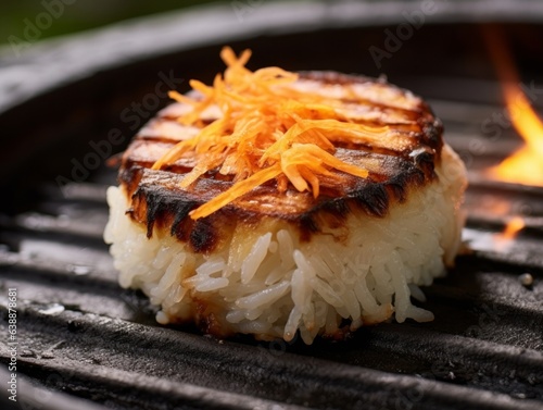 Yaki Onigiri, char-grilled with visible grill marks and served on a small plate photo