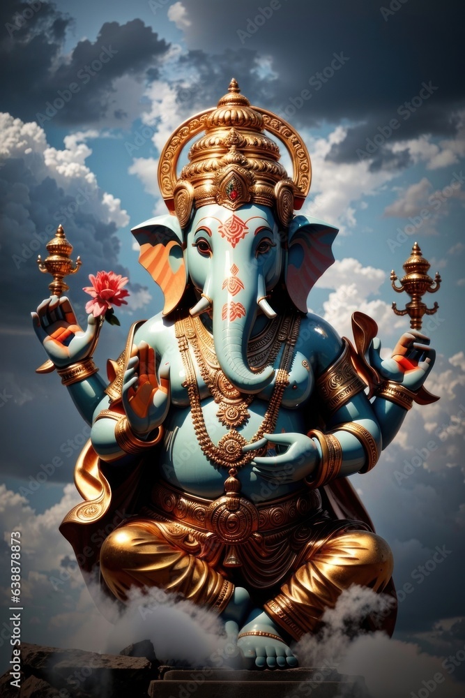 Fototapeta premium God Ganesh sitting in clouds giving blessings