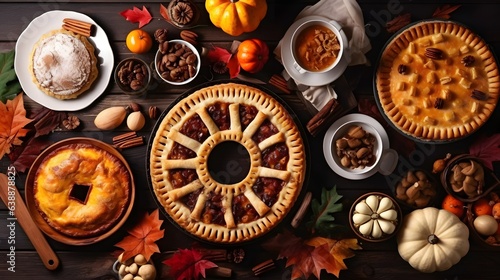 Autumn food concept. Selection of pies, appetizers and desserts. Top view table scene over a rustic wood background. AI Generative