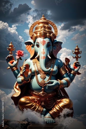God Ganesh sitting in clouds giving blessings