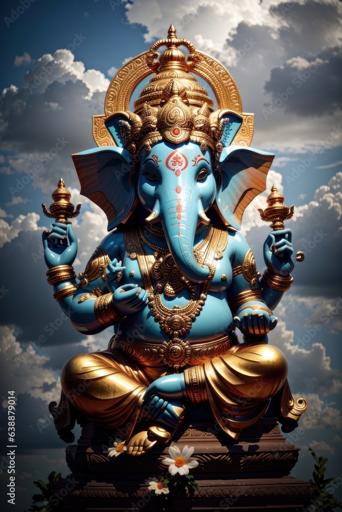 God Ganesh sitting in clouds giving blessings