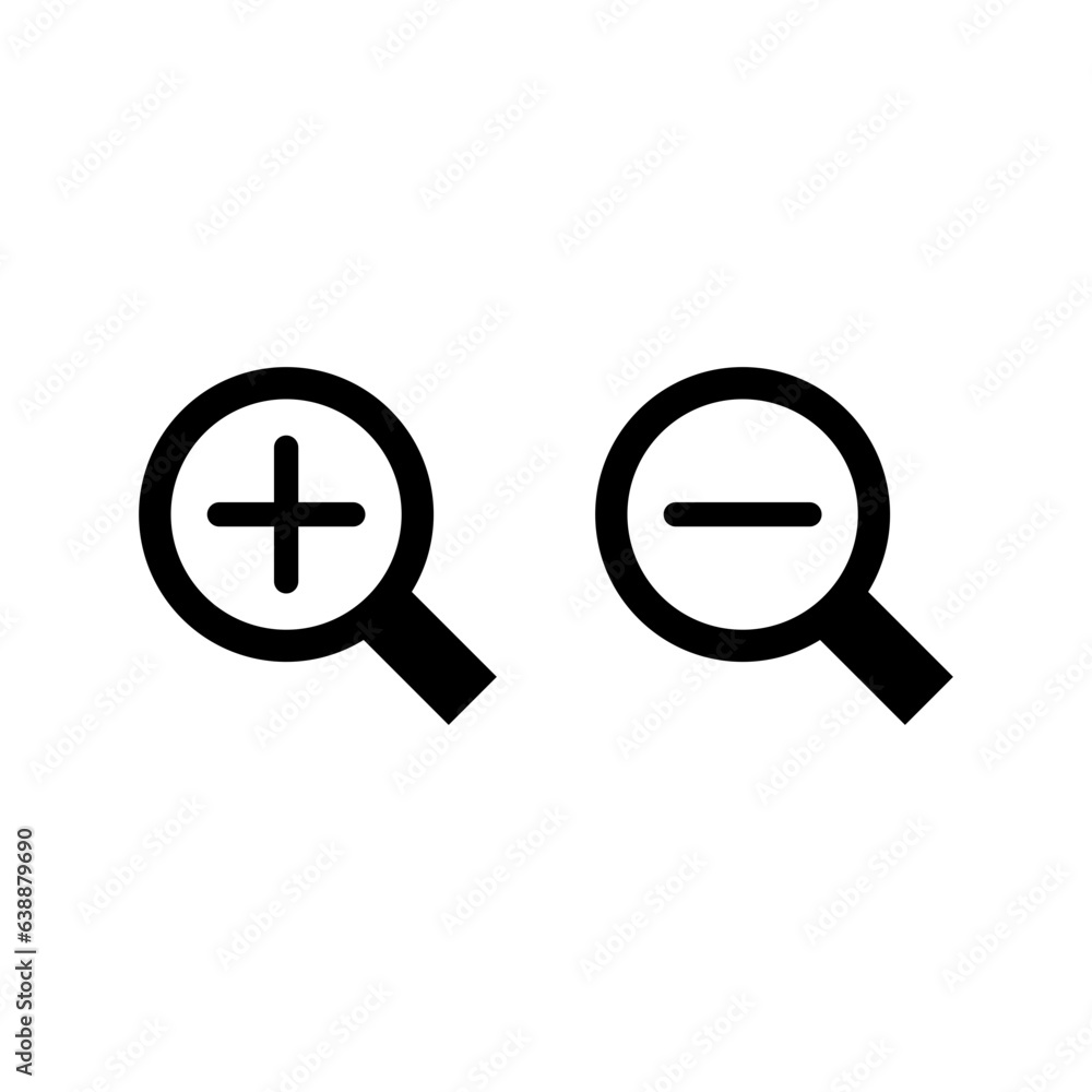 Zoom in and zoom out icons. Simple flat, solid style. Magnifying glass, find, plus, minus, search concept. Black silhouette, glyph symbol. Vector isolated on transparent background. SVG. Zoom in and zoom out icons. Simple flat, solid style. Magnifying glass, find, plus, minus, search concept. Black silhouette, glyph symbol. Vector isolated on transparent background. SVG.