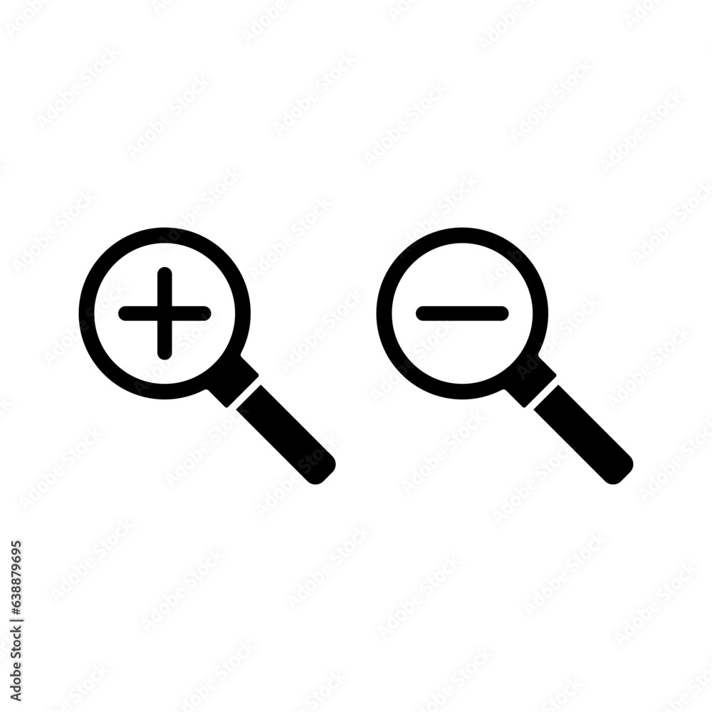 Zoom in and zoom out icons. Simple flat, solid style. Magnifying glass, find, plus, minus, search concept. Black silhouette, glyph symbol. Vector isolated on transparent background. SVG. Zoom in and zoom out icons. Simple flat, solid style. Magnifying glass, find, plus, minus, search concept. Black silhouette, glyph symbol. Vector isolated on transparent background. SVG.