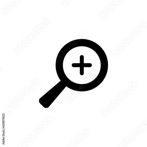 Zoom icon. Simple solid style. Magnify glass with add sign, find, focus, plus, positive, enlarge concept. Black silhouette, glyph symbol. Vector isolated on transparent background. SVG.