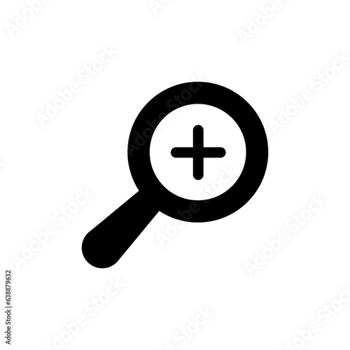 Zoom icon. Simple solid style. Magnify glass with add sign, find, focus, plus, positive, enlarge concept. Black silhouette, glyph symbol. Vector isolated on transparent background. SVG.