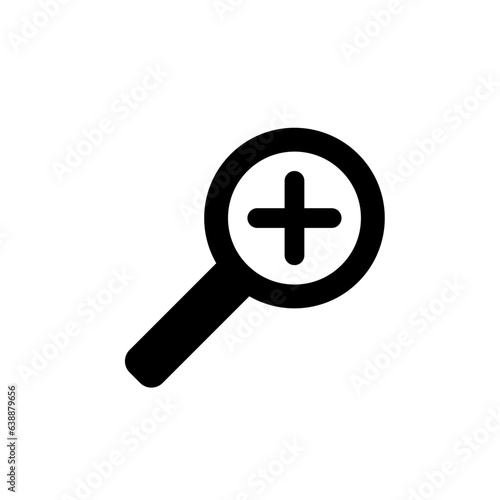 Zoom icon. Simple solid style. Magnify glass with add sign, find, focus, plus, positive, enlarge concept. Black silhouette, glyph symbol. Vector isolated on transparent background. SVG.
