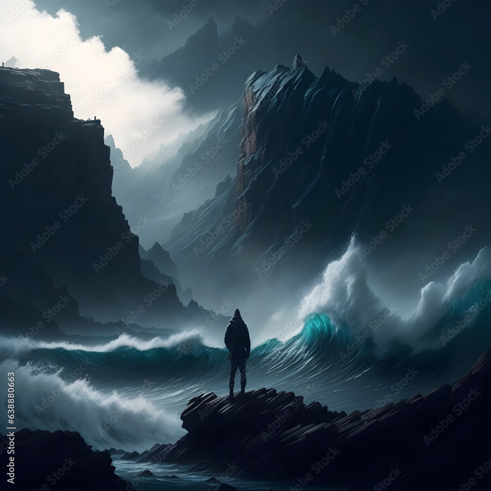 A lone figure standing atop a rocky cliff overlooking a raging ocean, with powerful waves crashing against the shore and a dark, ominous storm brewing on the horizon