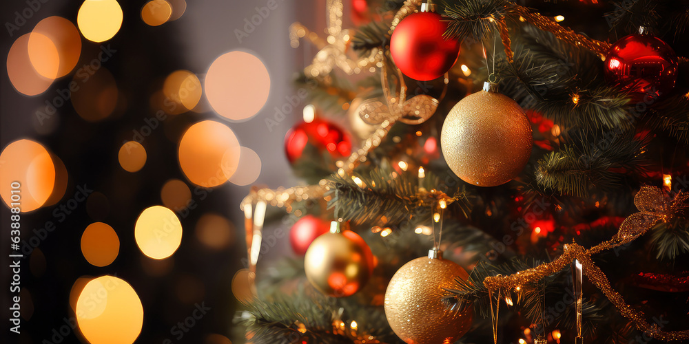 Close up of view decorated christmas tree, lights, bokeh, decoration in the cozy home apartment. Blurred Xmas holidays background. Christmas and New  year card. Generative ai.