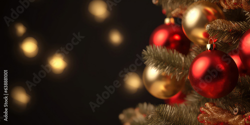 Close up of view decorated christmas tree  lights  bokeh  decoration in the cozy home apartment. Blurred Xmas holidays background. Christmas and New  year card. Generative ai.