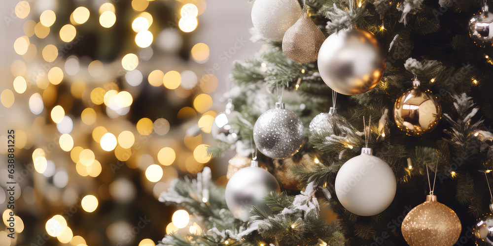 Close up of view decorated christmas tree, lights, bokeh, decoration in the cozy home apartment. Blurred Xmas holidays background. Christmas and New year card. Generative ai. Close up of view decorated christmas tree, lights, bokeh, decoration in the cozy home apartment. Blurred Xmas holidays background. Christmas and New year card. Generative ai.