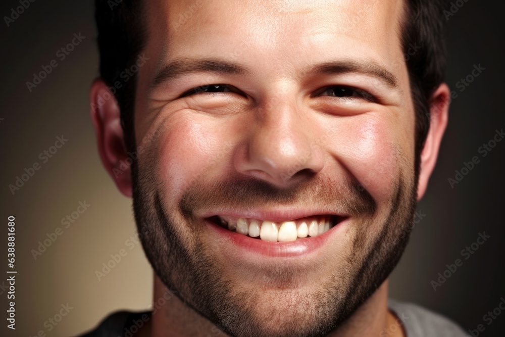 closeup studio portrait of a handsome man with no ears smiling at the camera closeup studio portrait of a handsome man with no ears smiling at the camera