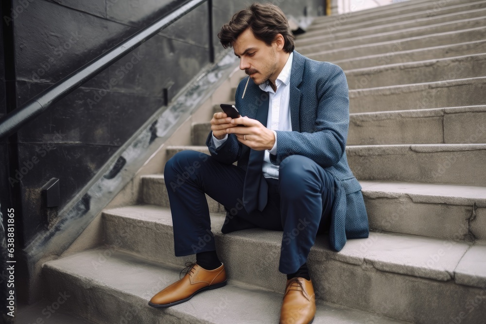 reporter writing on a smartphone while reporting, sitting on stairs and looking away reporter writing on a smartphone while reporting, sitting on stairs and looking away
