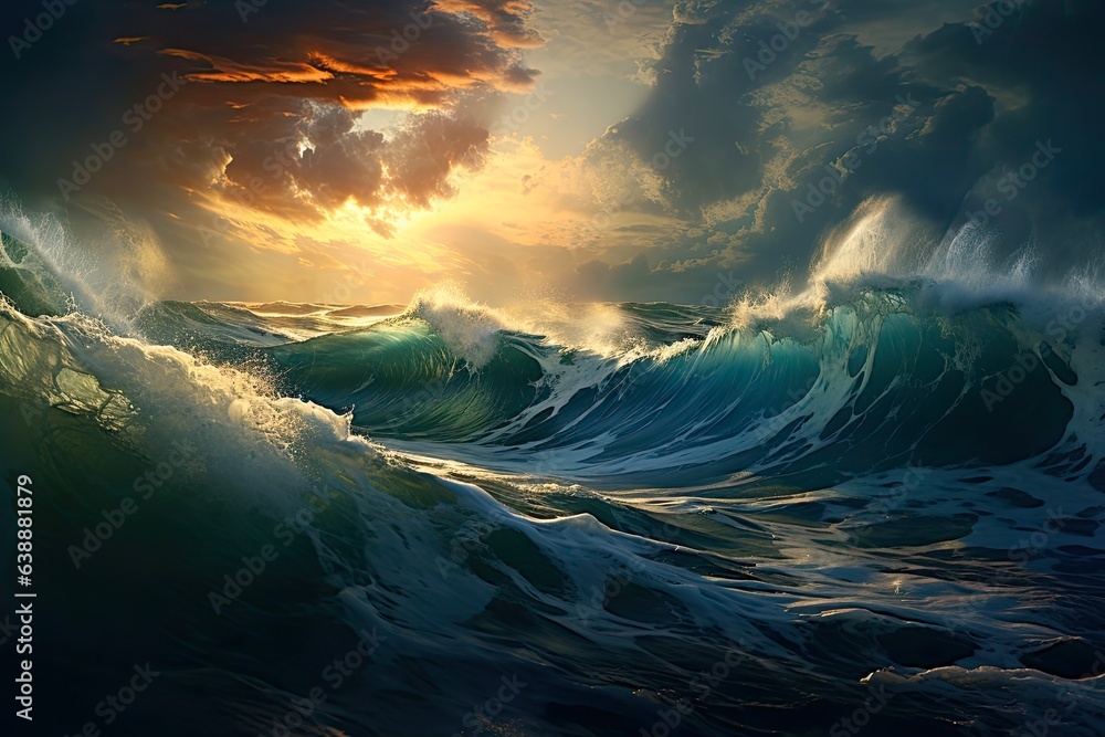 Moody Waves and Sun Breaking Through - Captivating Ocean Scenery with Dynamic Waves and Dramatic Stormy Sky