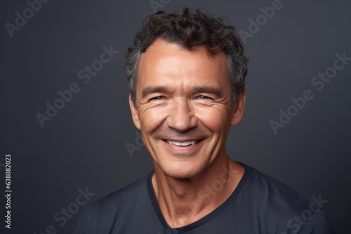 handsome and smiling mature man standing in front of a grey background with copyspace