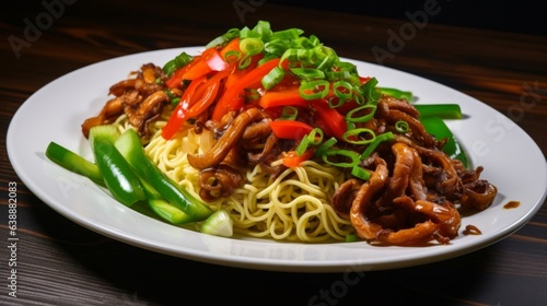 Yakisoba garnished with vibrant green spring onions and served on a ceramic dish