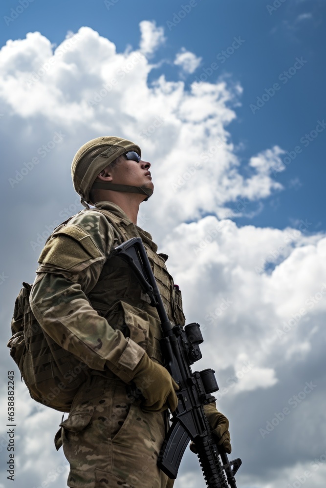 shot of a soldier looking at the sky as he holds his rifle in front of him shot of a soldier looking at the sky as he holds his rifle in front of him