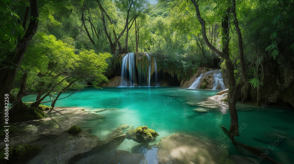 Naklejka premium A picturesque lake encircled by rocks, featuring light turquoise and dark green hues, ethereal trees, incredibly beautiful, and meticulously detailed foliage. Generated AI.