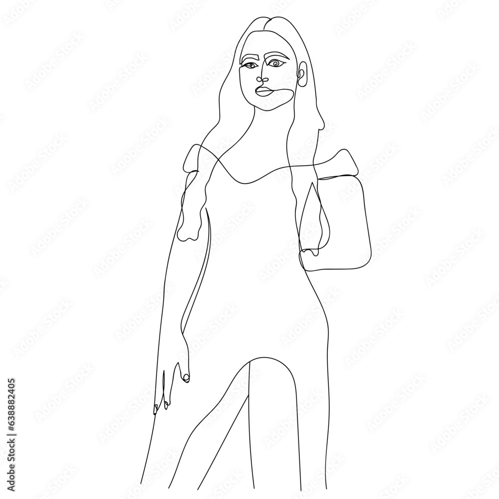 continuous line drawing of standing woman. Minimalist black linear sketch isolated on white background. Vector illustration continuous line drawing of standing woman. Minimalist black linear sketch isolated on white background. Vector illustration