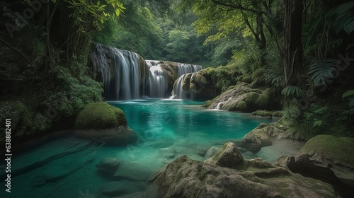 A picturesque lake encircled by rocks  featuring light turquoise and dark green hues  ethereal trees  incredibly beautiful  and meticulously detailed foliage. Generated AI.