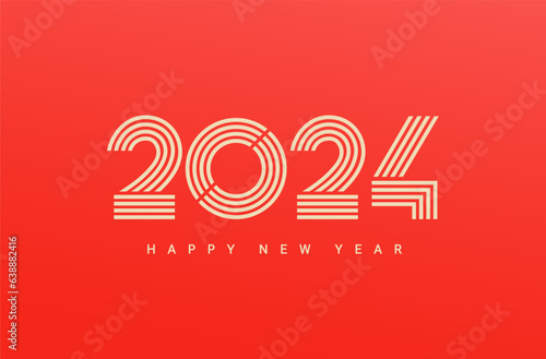 Modern banner for 2024 happy new year. Numbers from linear lines with wishing on red background. Minimalistic design, template for flyer,web, cover,calendar,web,presentation,print.Vector illustration