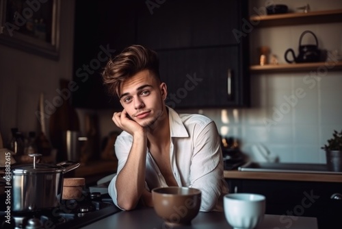 portrait of a handsome young man enjoying some coffee in the kitchen at home