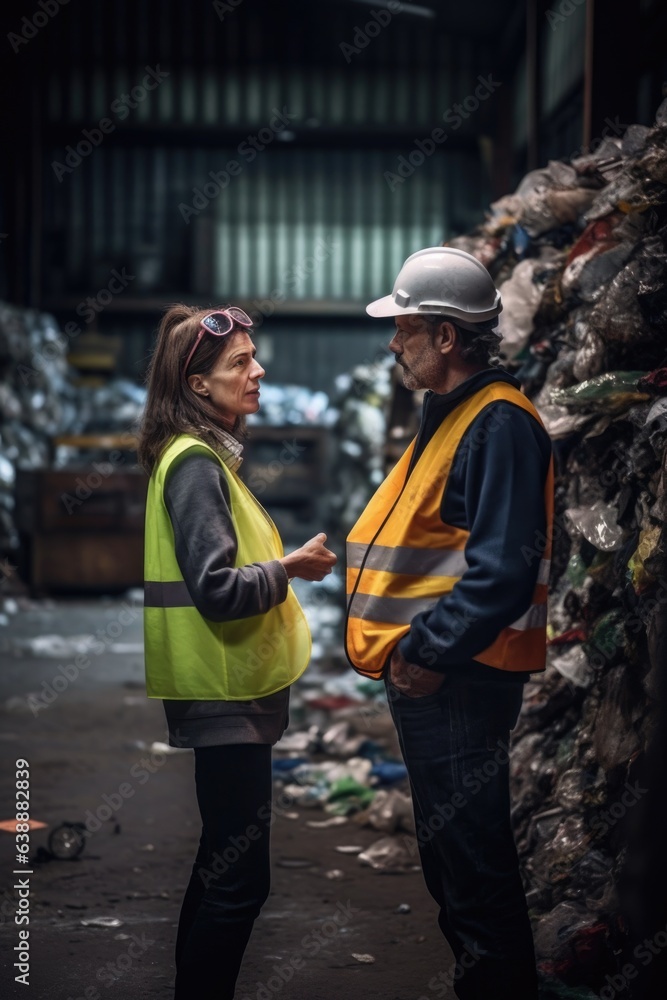 shot of two people standing and talking together in a recycling factory shot of two people standing and talking together in a recycling factory