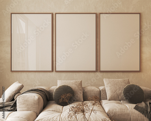 Contemporary classic white beige livingroom interior with three picture frame, wooden frames and dry plant. Empty stucco wall mockup. 3d rendering. High quality 3d illustration