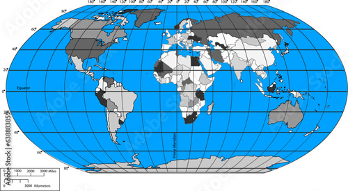 Vector map of the world with countries and a grid in the projection for a scale of 110 m. photo