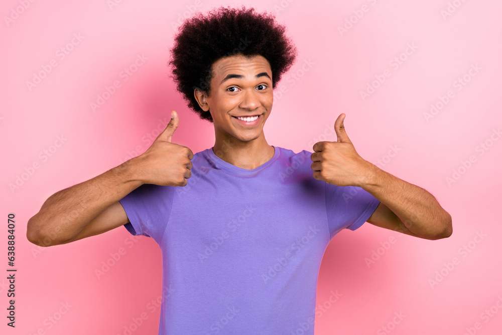 Photo of optimistic friendly man wear trendy outfit two hands thumb up recommend black friday shopping isolated on pink color background Photo of optimistic friendly man wear trendy outfit two hands thumb up recommend black friday shopping isolated on pink color background