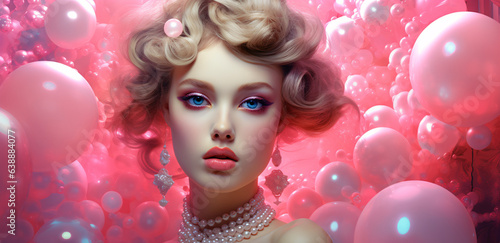 Beautiful blonde young woman model with blue eyes and curly hair looking at the camera wearing an elegant pearl necklace surrounded by pink bubbles floating in the air