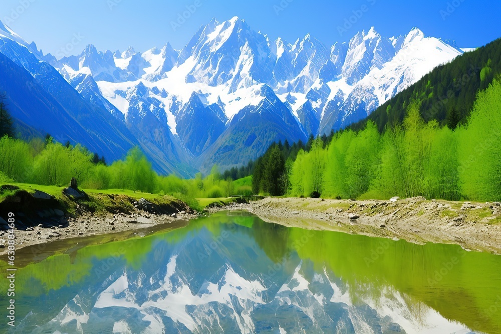 Fototapeta premium A picturesque lake encircled by rocks, featuring light turquoise and dark green hues, ethereal trees, incredibly beautiful, and meticulously detailed foliage. Generated AI.