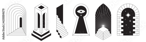 Vector logo design template in simple minimal style, magical and mystical symbols, tattoo signs - entrances, doors and windows with steps and staircases