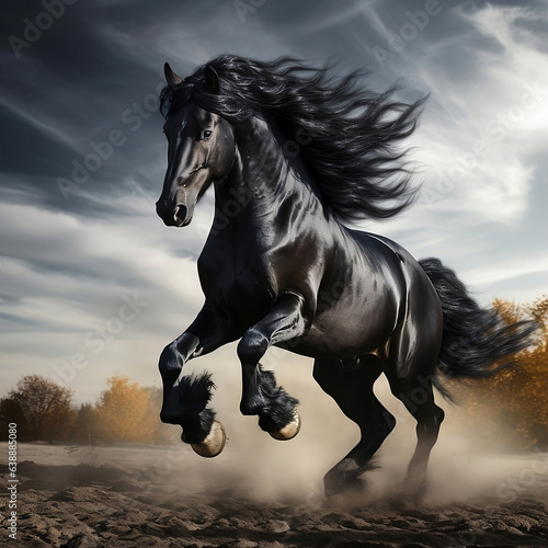 powerful friesian horse rearing on its hind legs  showing off its strength in the desert created with generative ai