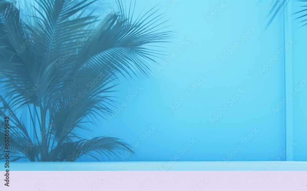 Green tropical palm leaves on blue background minimal summer concept creative flat lay Green tropical palm leaves on blue background minimal summer concept creative flat lay